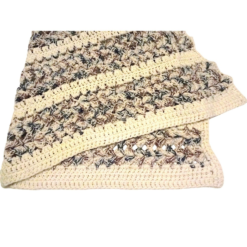 Handmade Crochet Shell Stitch Blanket Cream Brown Variegated Striped Afghan